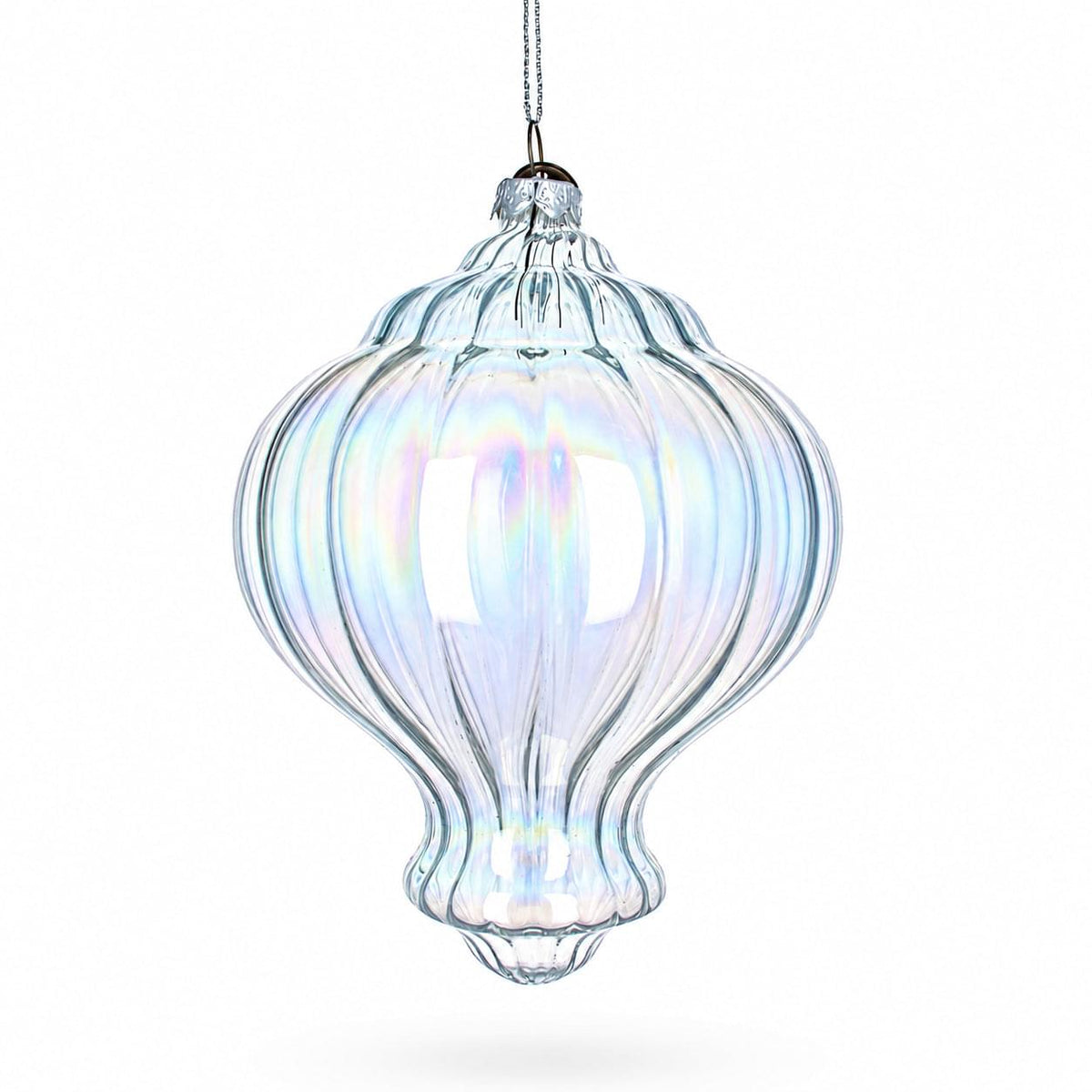 a clear glass ornament from a string
