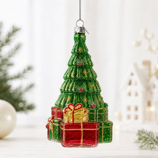 Gifts by Christmas Tree Clear Glass Christmas Ornament.
