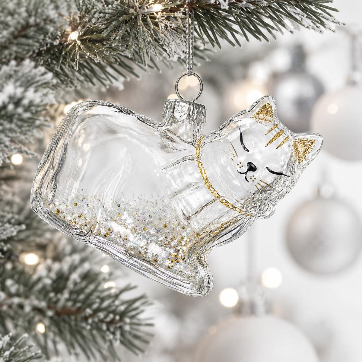 Cat in Scarf Clear Glass Christmas Ornament