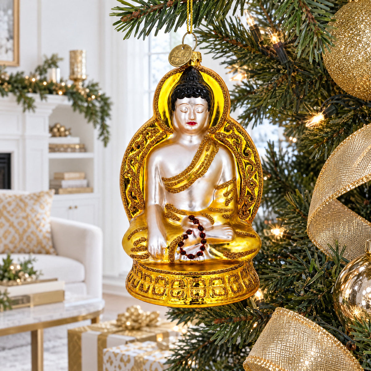 Golden Buddha Glass Christmas Ornament