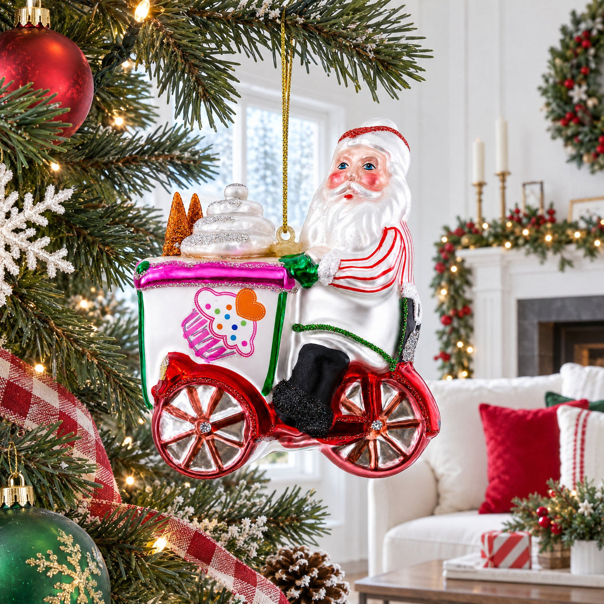 Santa the Ice Cream Cart Glass Christmas Ornament