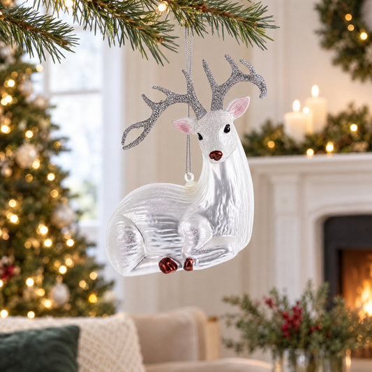 White Deer Glass Christmas Ornament