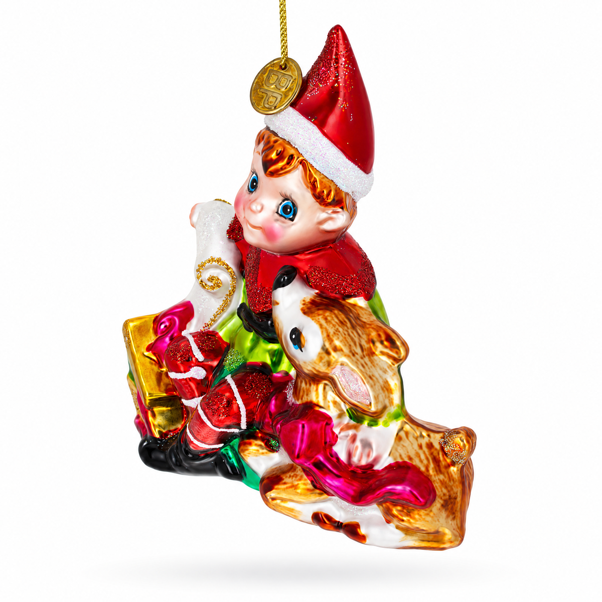 Elf and Deer Glass Christmas Ornament
