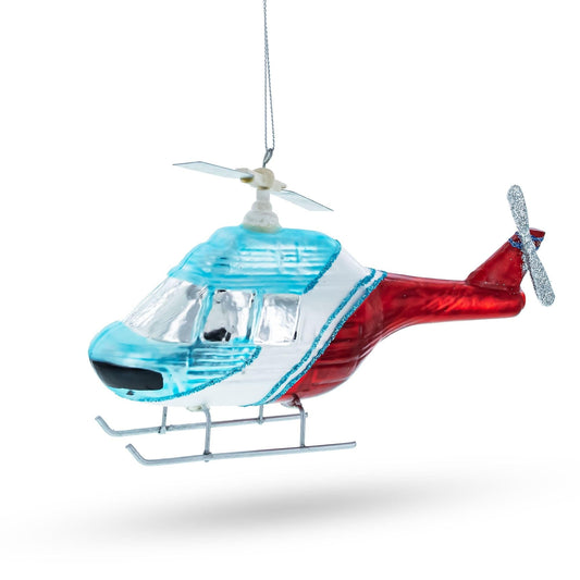 Blue and Red Helicopter Glass Christmas Ornament