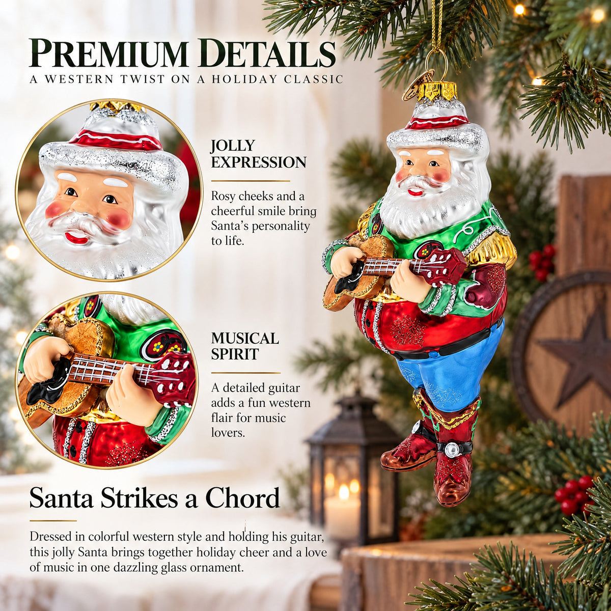 Western Santa with Guitar Glass Christmas Ornament