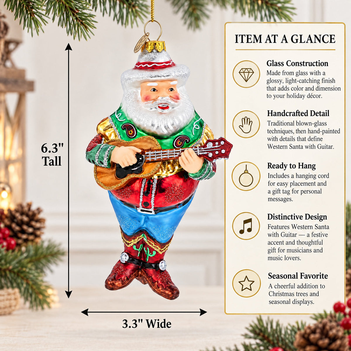 Western Santa with Guitar Glass Christmas Ornament