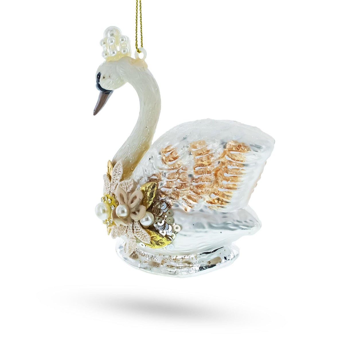 Royal Swan Adorned with Pearls Glass Christmas Ornament