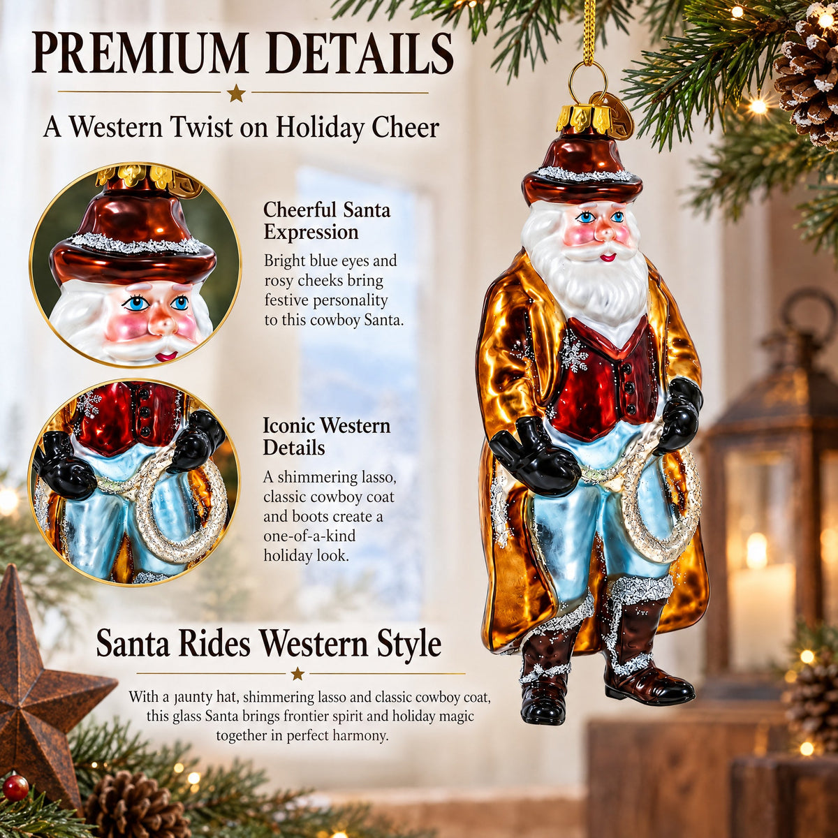 Cowboy Santa Skillfully Twirling a Lasso Glass Christmas Ornament