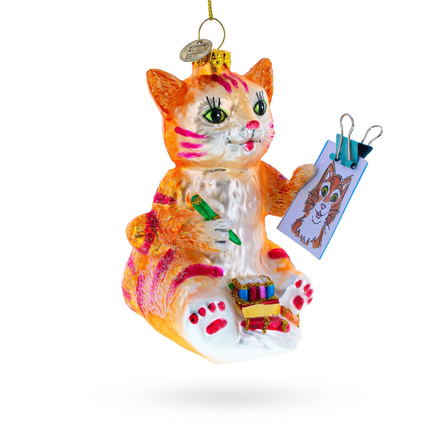 Cat Drawing a Self-Portrait Glass Christmas Ornament