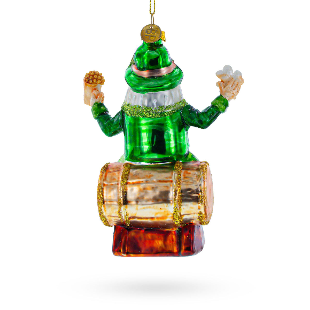 Irish Santa Sitting on a Whiskey Barrel Glass Christmas Ornament