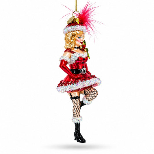Woman in Santa Dress Dancing Glass Christmas Ornament