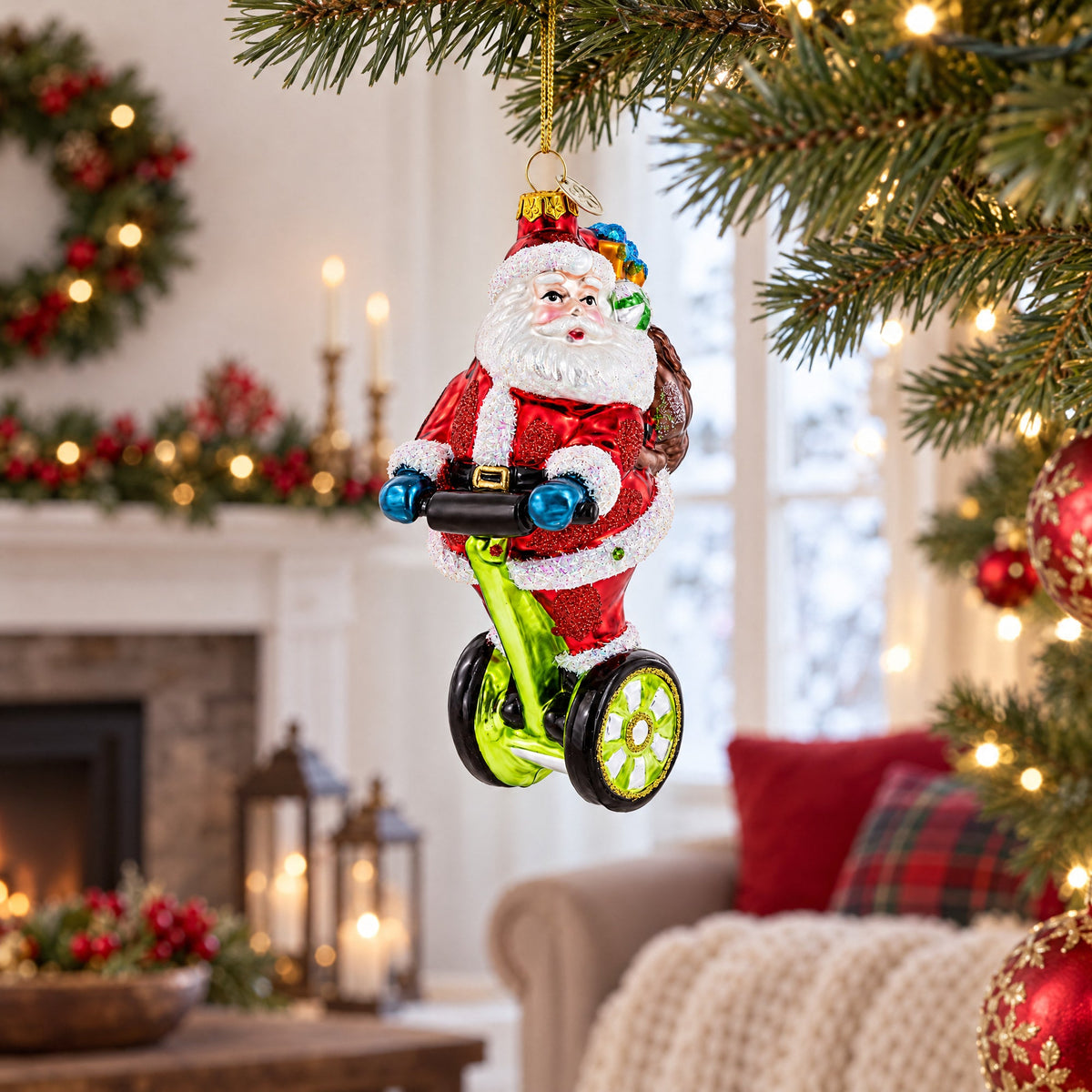 Santa Cruising on Electric Scooter Glass Christmas Ornament