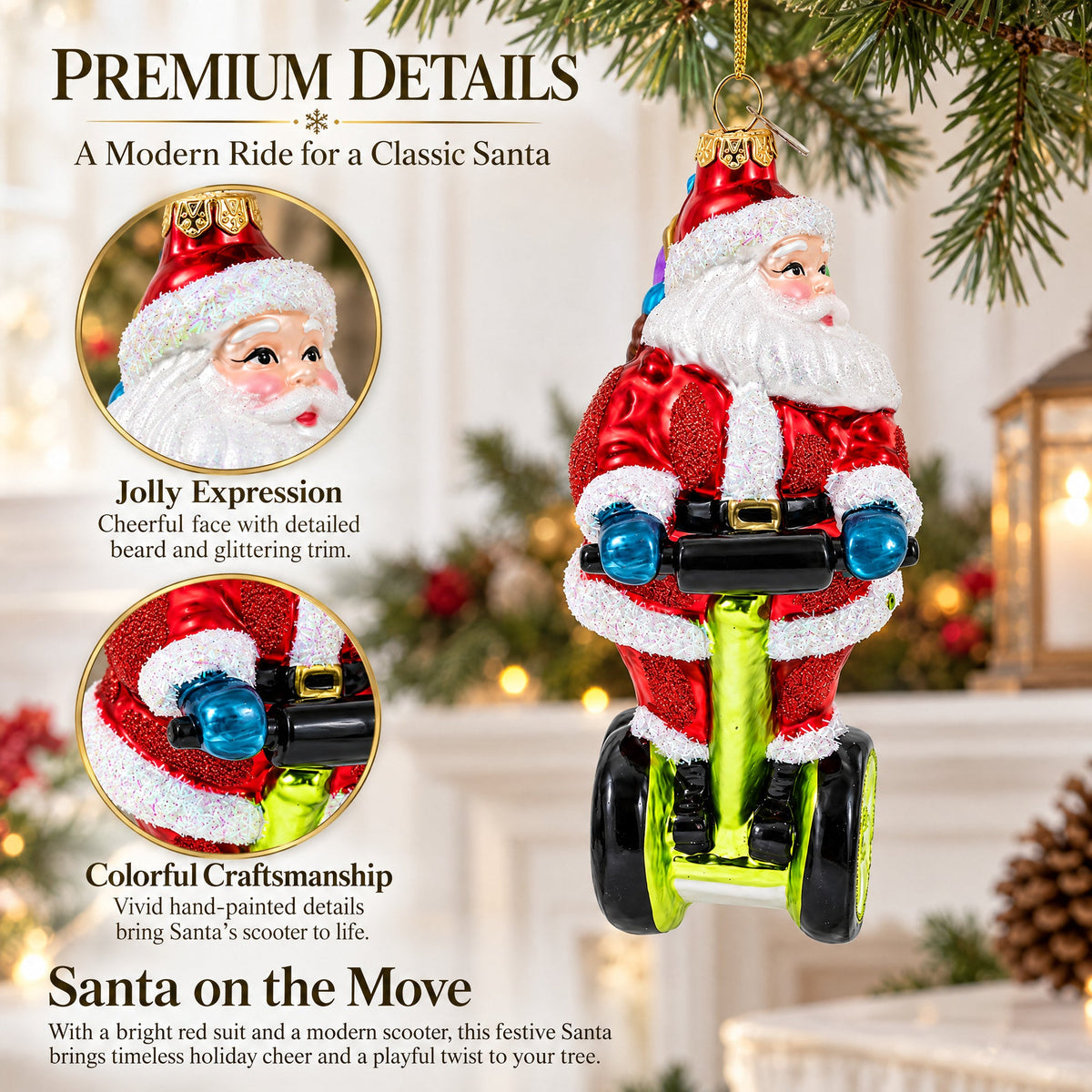 Santa Cruising on Electric Scooter Glass Christmas Ornament