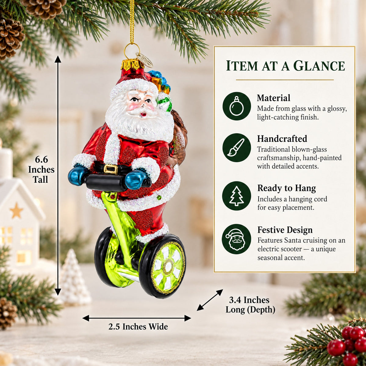 Santa Cruising on Electric Scooter Glass Christmas Ornament