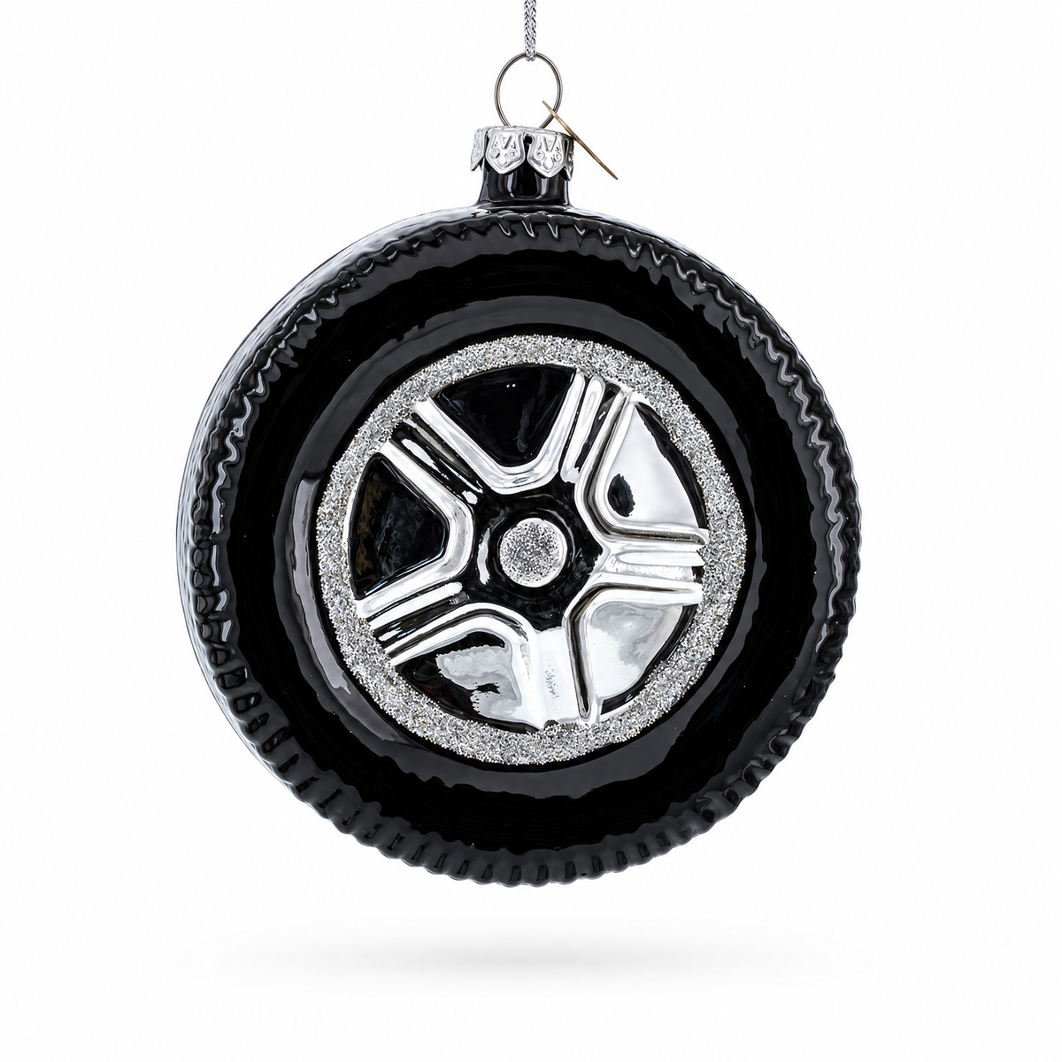 Sleek Black Car Wheel Glass Christmas Ornament