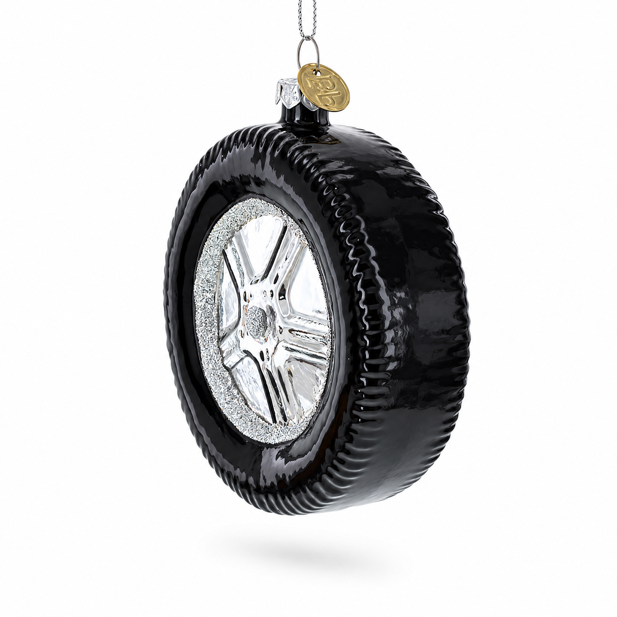Sleek Black Car Wheel Glass Christmas Ornament