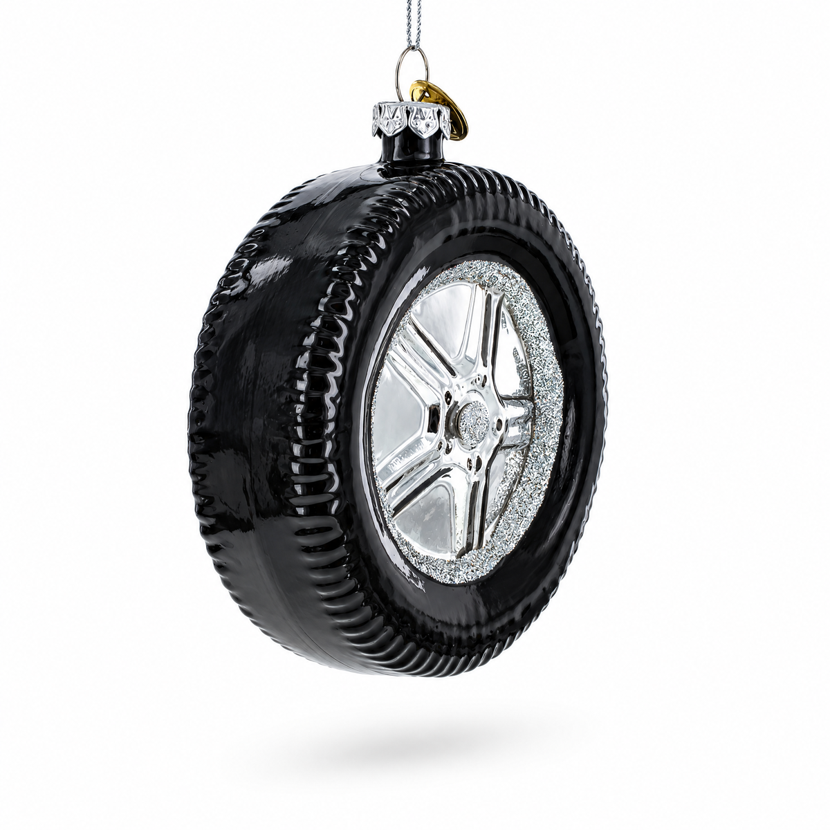 Sleek Black Car Wheel Glass Christmas Ornament