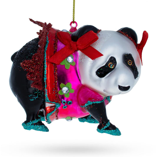 Panda in Colorful Dress Glass Christmas Ornament