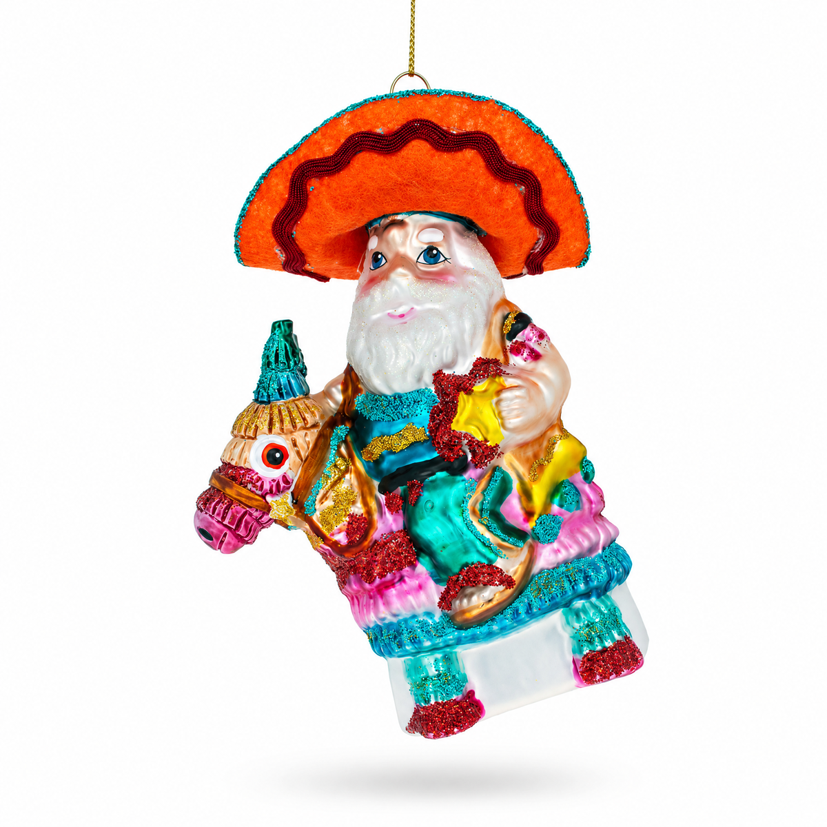 Santa Riding a Festive Pinata Glass Christmas Ornament