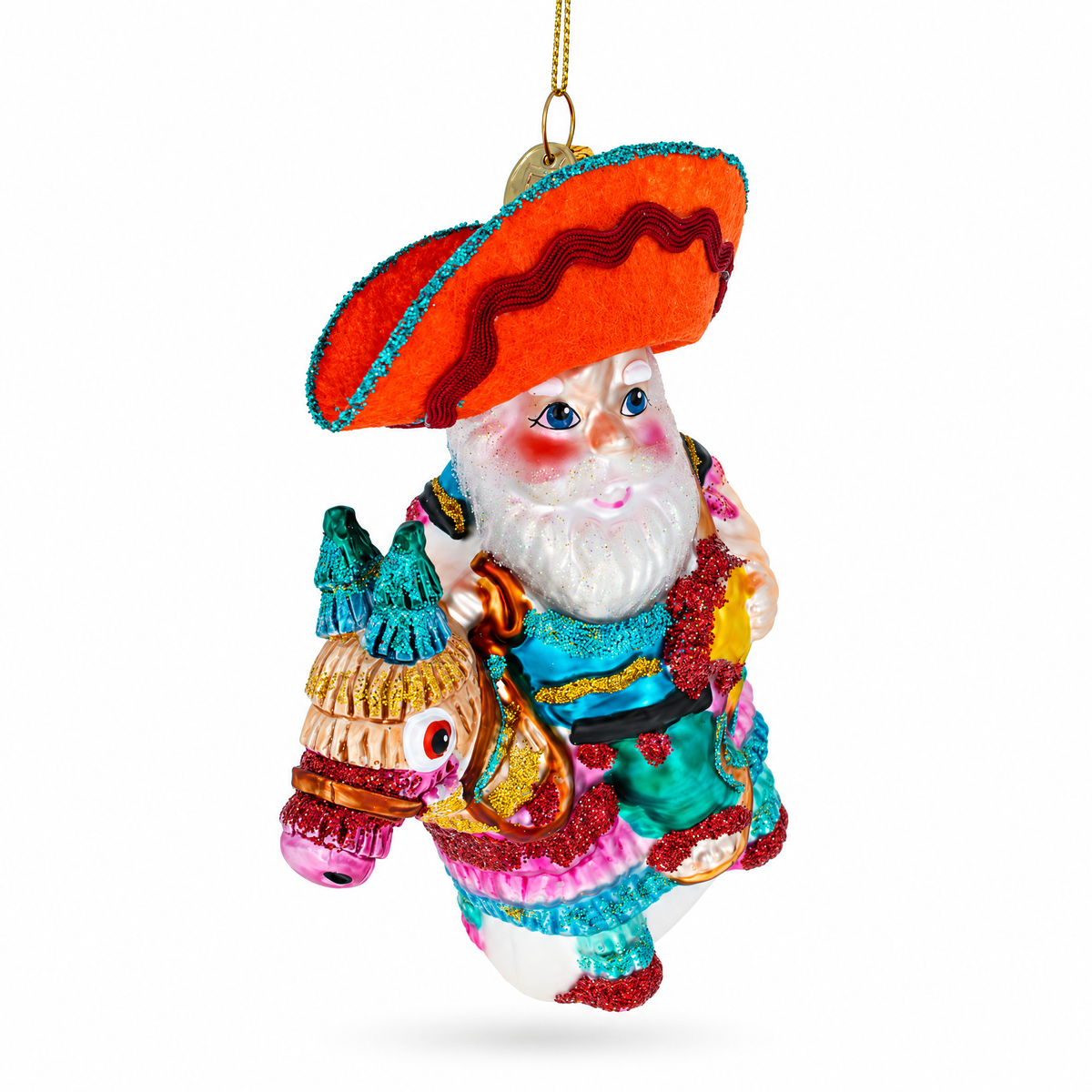 Santa Riding a Festive Pinata Glass Christmas Ornament