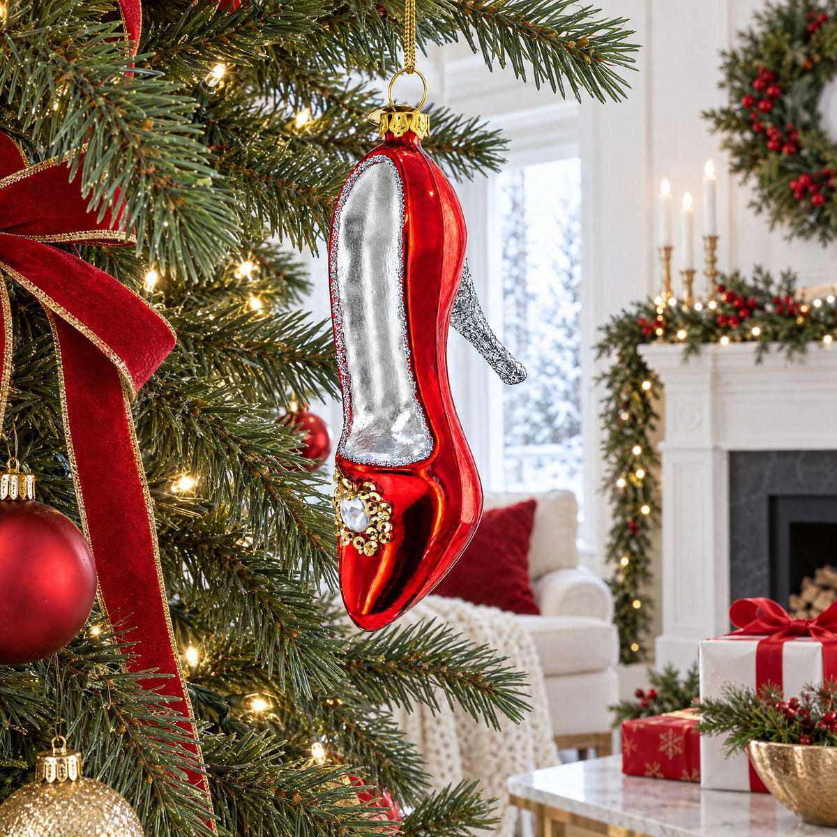 Red High Heel Shoe Glass Christmas Ornament