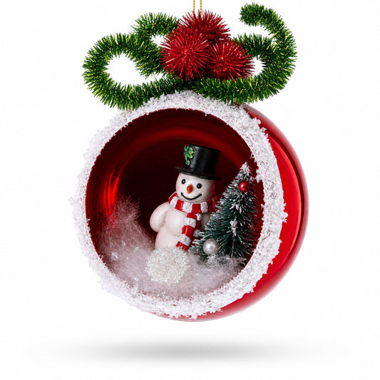 Festive Snowman and Christmas Tree Glass Ornament
