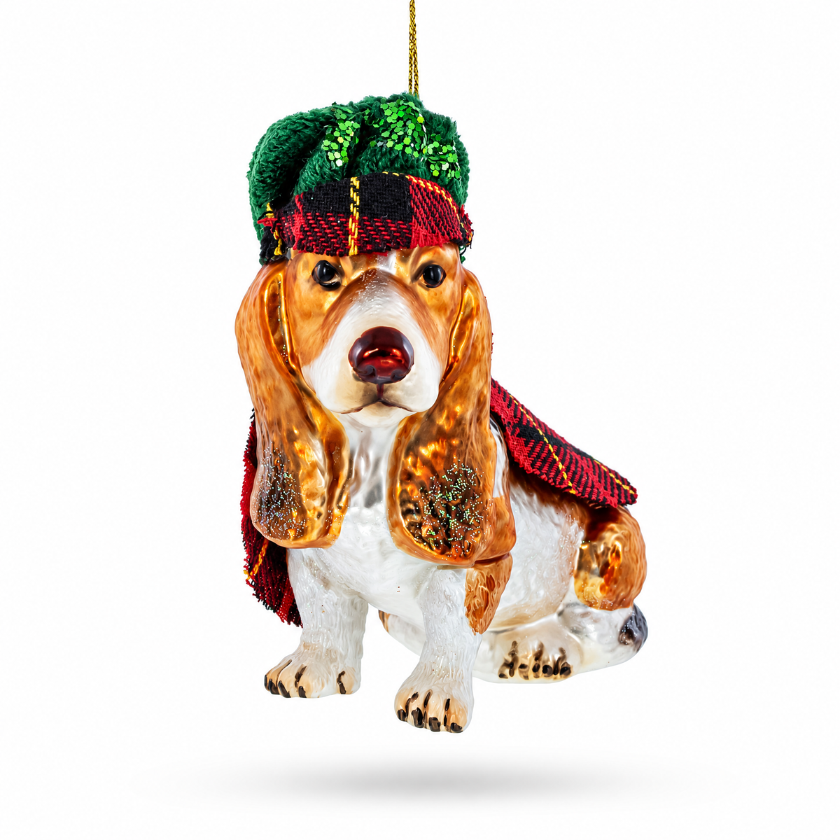 Hound in Tartan Cape and Plaid Hat Glass Christmas Ornament