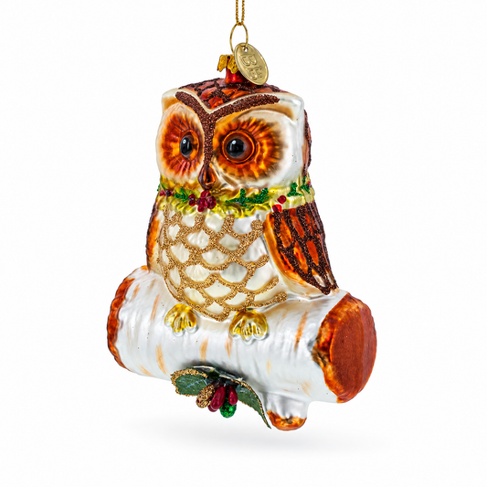 Wise Owl on Branch Glass Christmas Ornament
