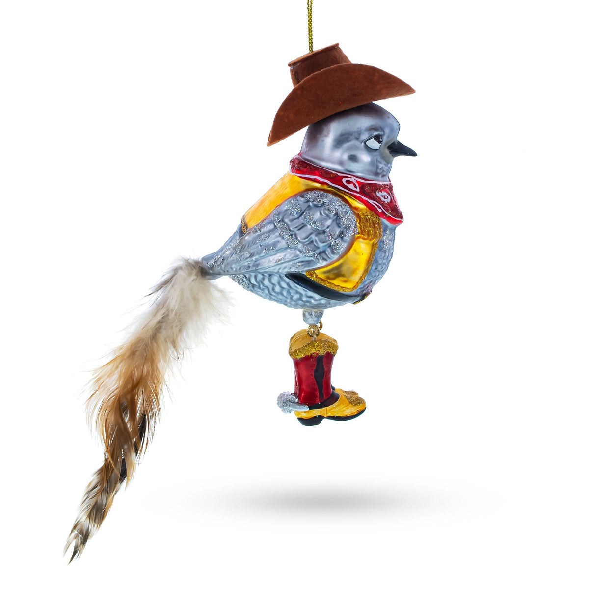 Western Theme Cowboy Bird in Bandana Glass Christmas Ornament