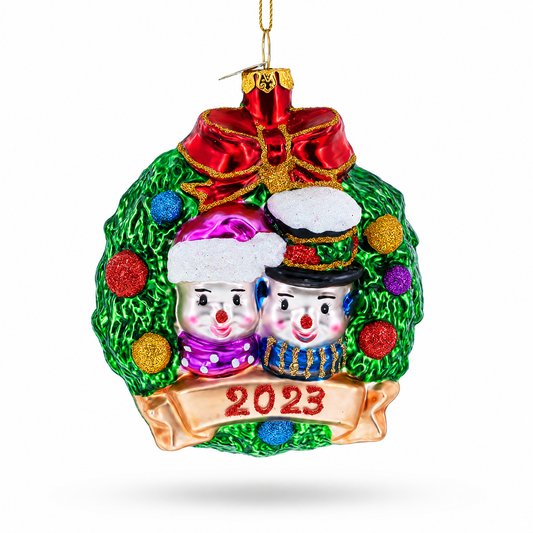 2023 Snowmen Couple in Wreath Glass Christmas Ornament