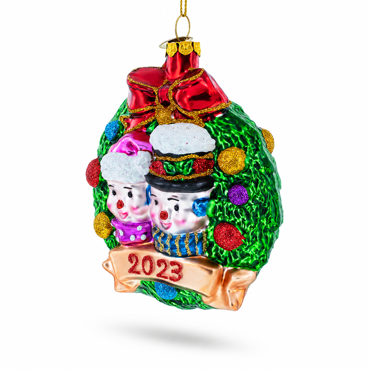 2023 Snowmen Couple in Wreath Glass Christmas Ornament