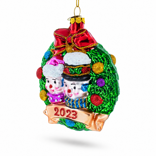 2023 Snowmen Couple in Wreath Glass Christmas Ornament
