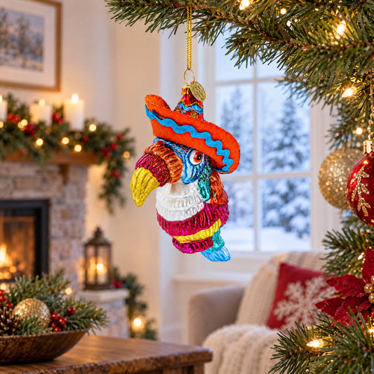 Tropical Toucan in a Sombrero Hat Glass Christmas Ornament