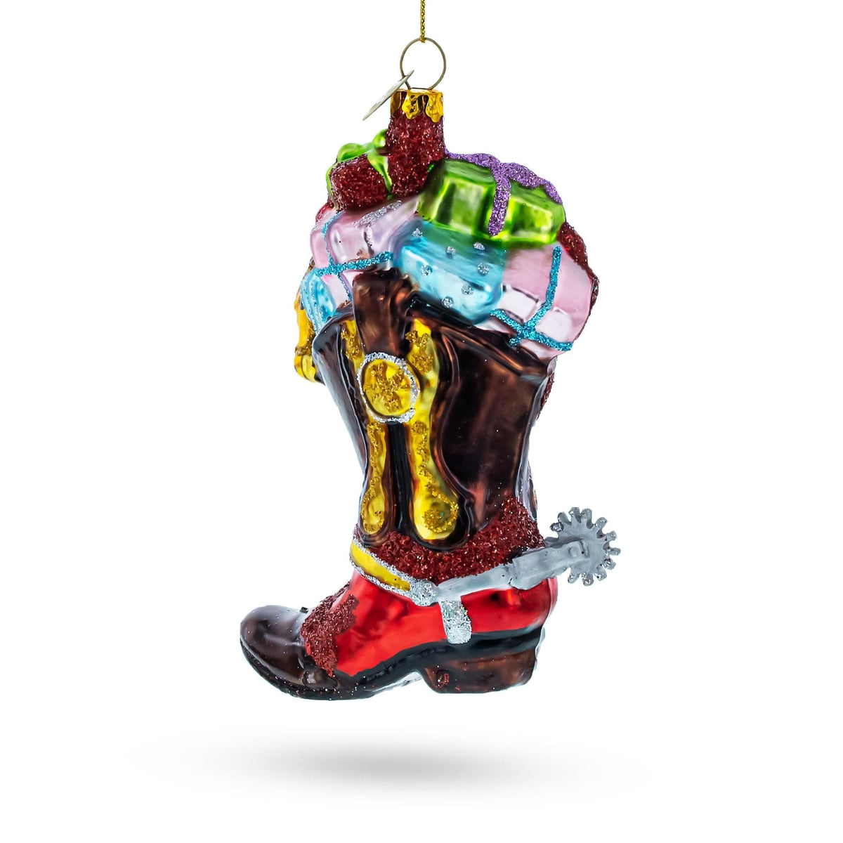 a christmas ornament with a boot and presents