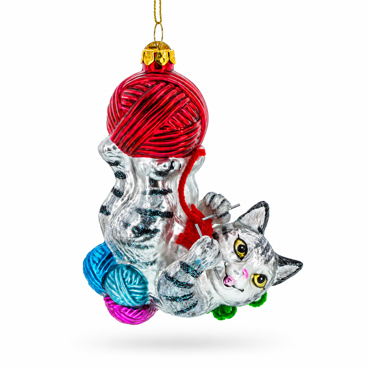 Kitten Tangled in Yarn Balls Glass Christmas Ornament