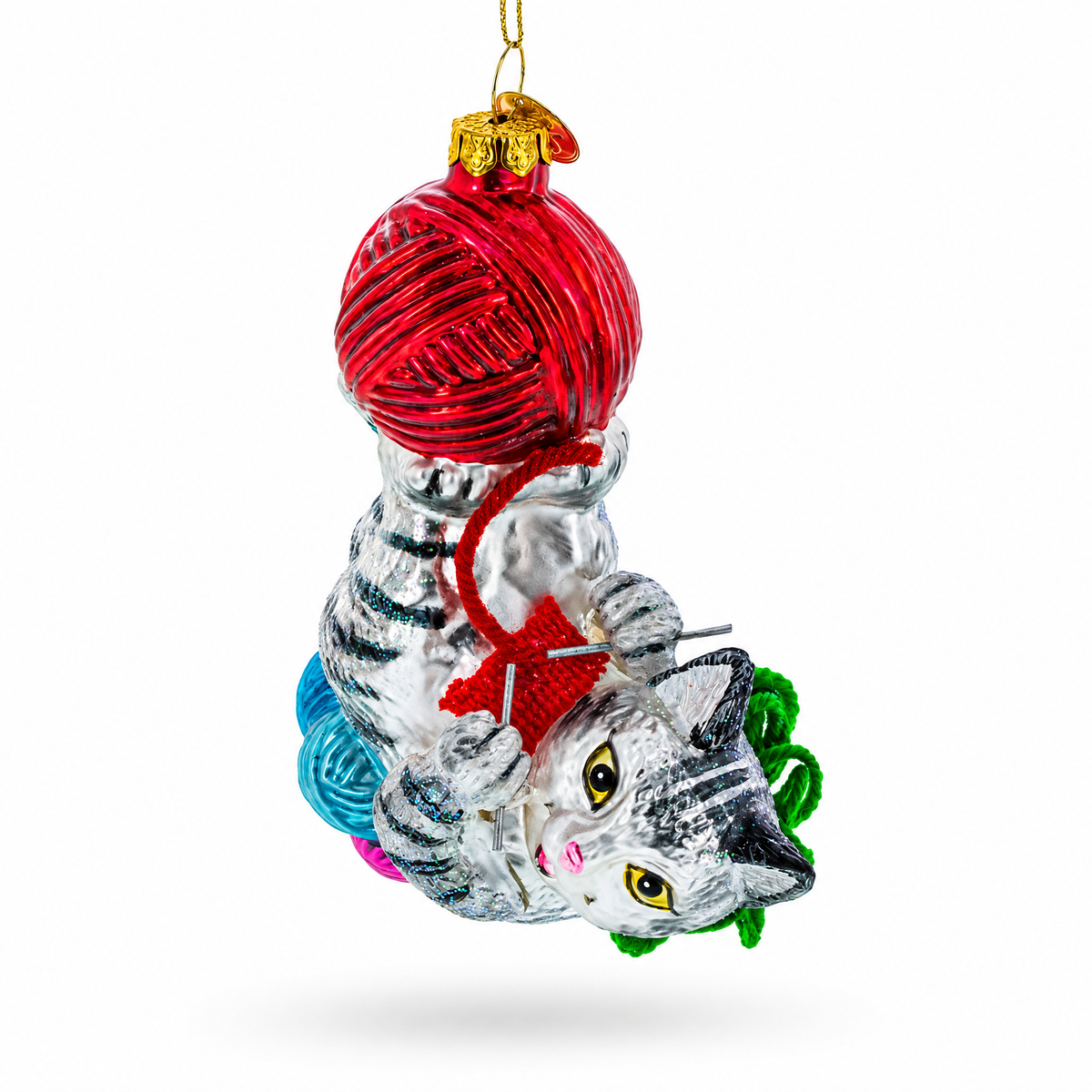 Kitten Tangled in Yarn Balls Glass Christmas Ornament