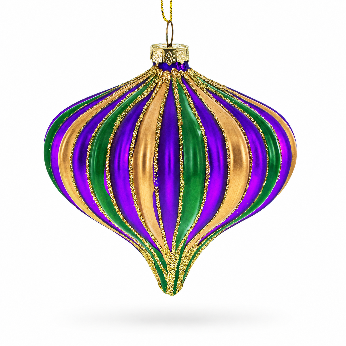 Set of 3 Mardi Gras Ribbed Glass Christmas Ornaments