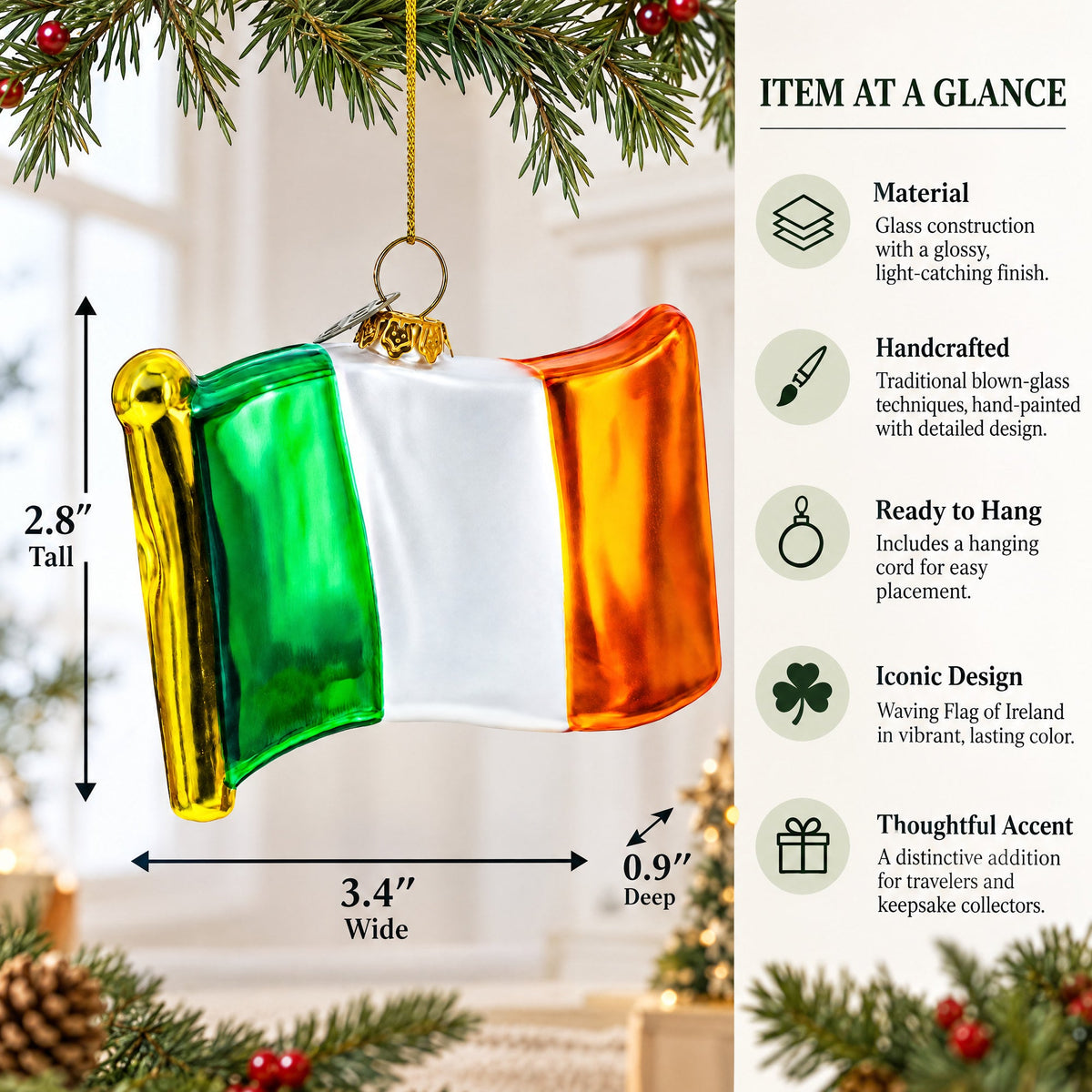 Waving Flag of Ireland Glass Christmas Ornament