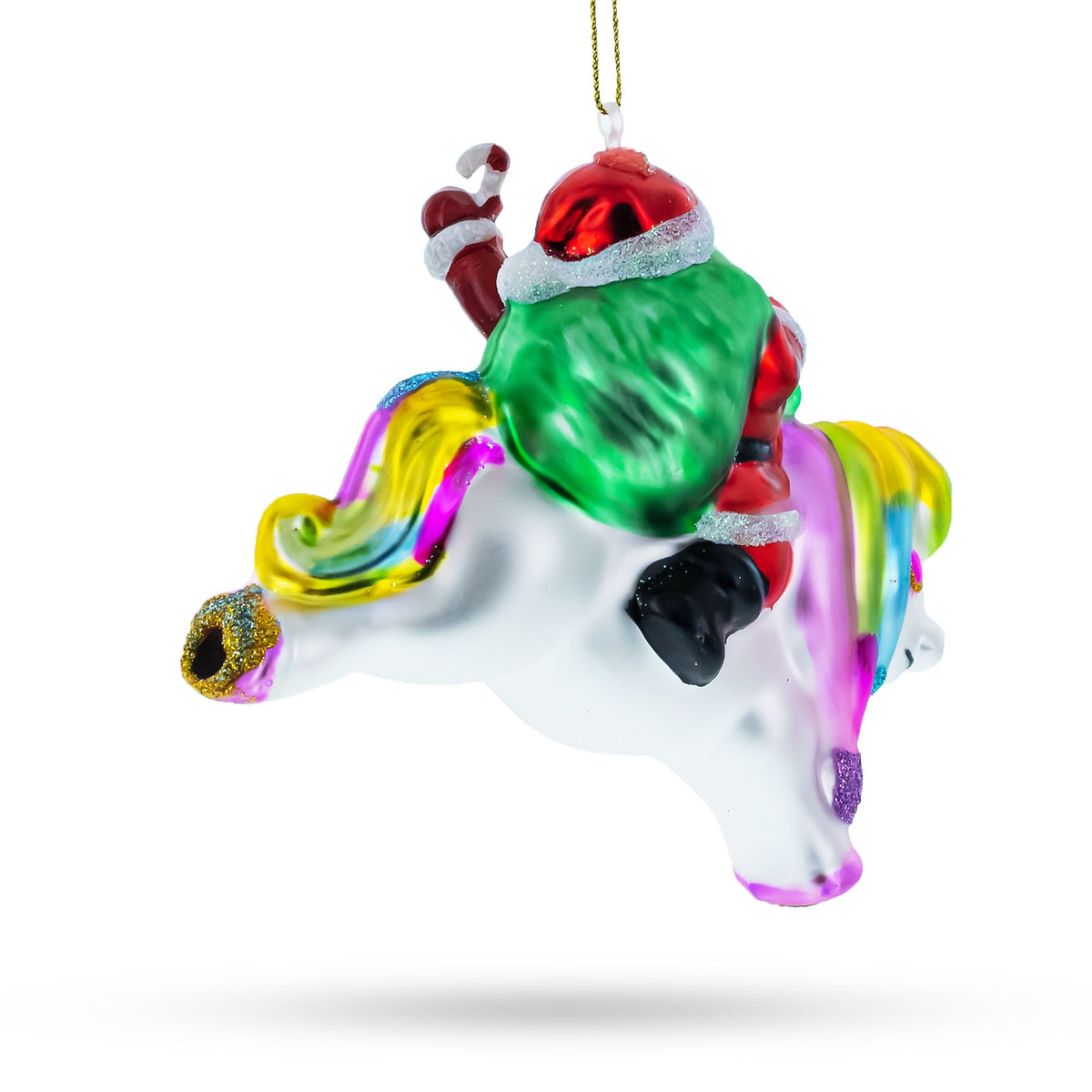 Santa Riding Rainbow Unicorn Glass Christmas Ornament