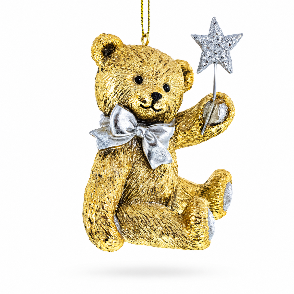Gold Teddy Bear with a Sparkling Red Bow -Resin Christmas Ornament