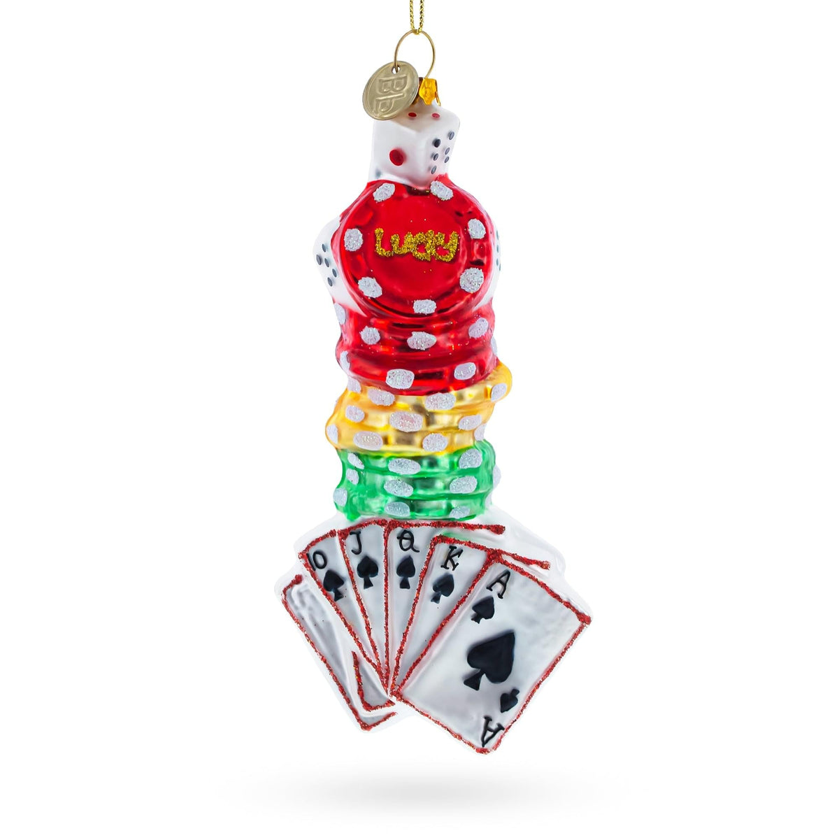 a christmas ornament with playing cards
