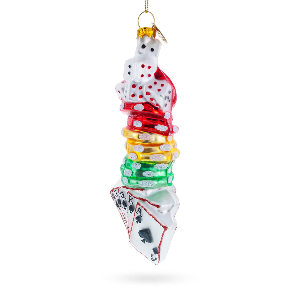 a christmas ornament with dice and cards