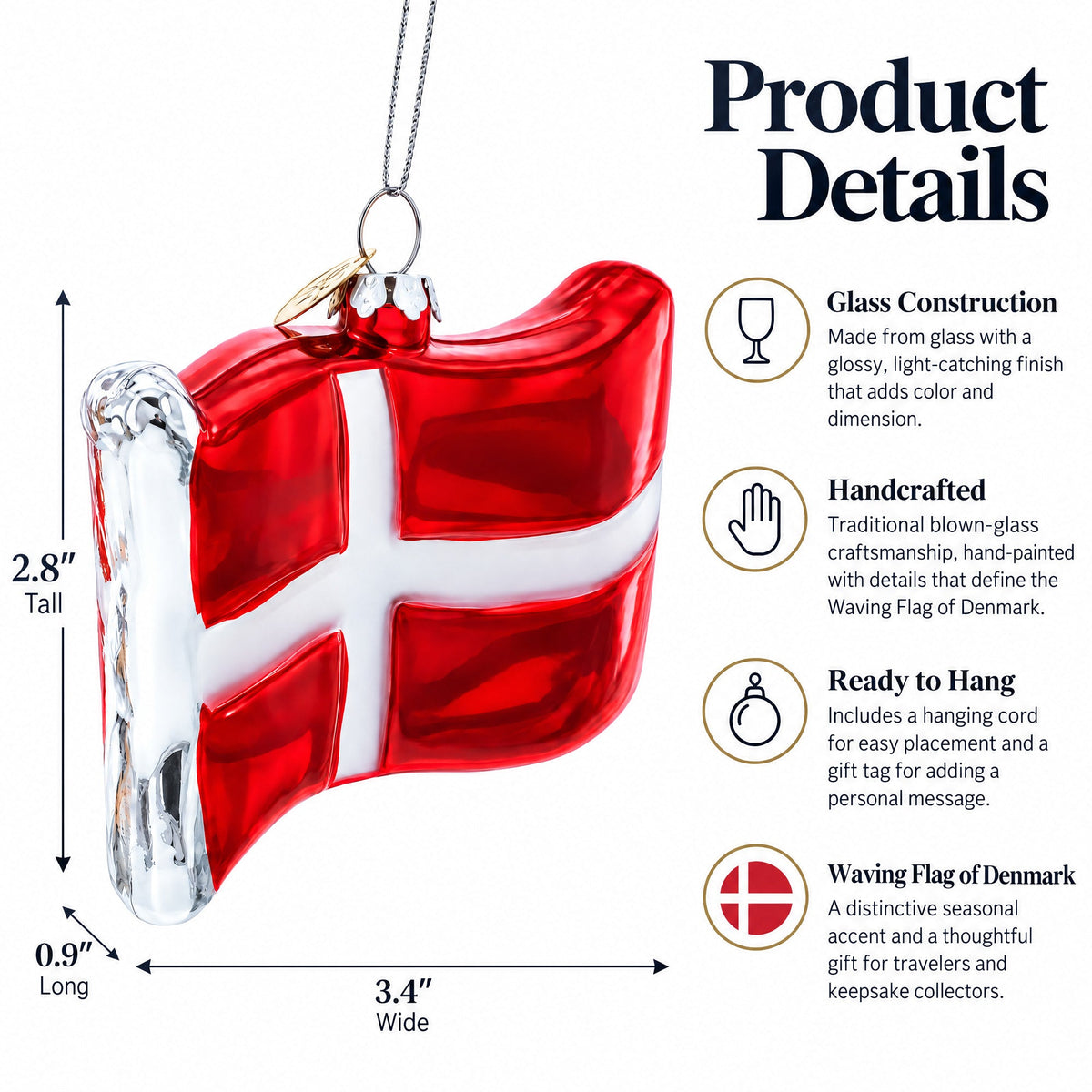 Waving Flag of Denmark Glass Christmas Ornament