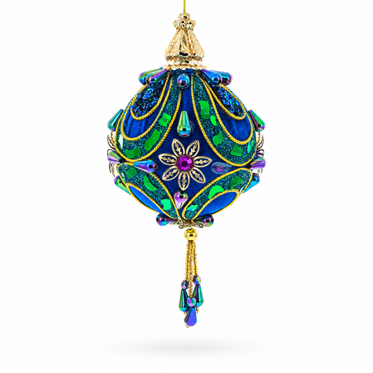 Royal Blue Jeweled  Gold Filigree Accents and Tassels Christmas Ornament