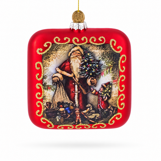 Vintage Santa Scene Glass Christmas Ornament
