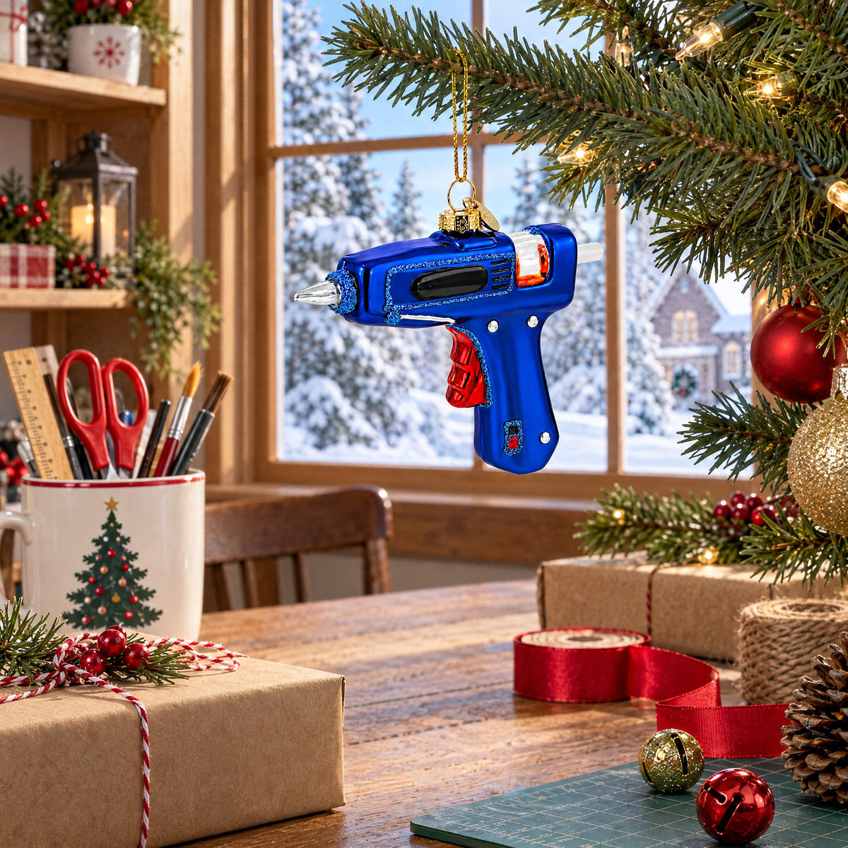 Craftsman's Blue Glue Gun Glass Christmas Ornament