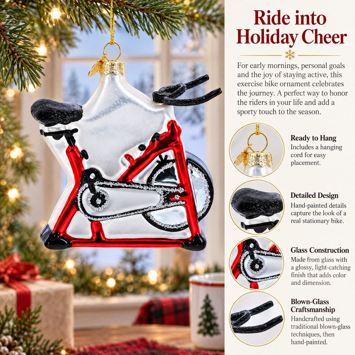 Red Stationary Exercise Bike Glass Christmas Ornament