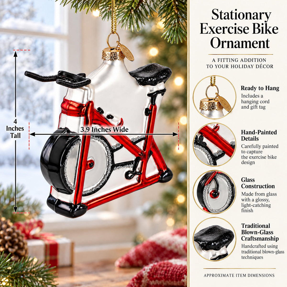 Red Stationary Exercise Bike Glass Christmas Ornament