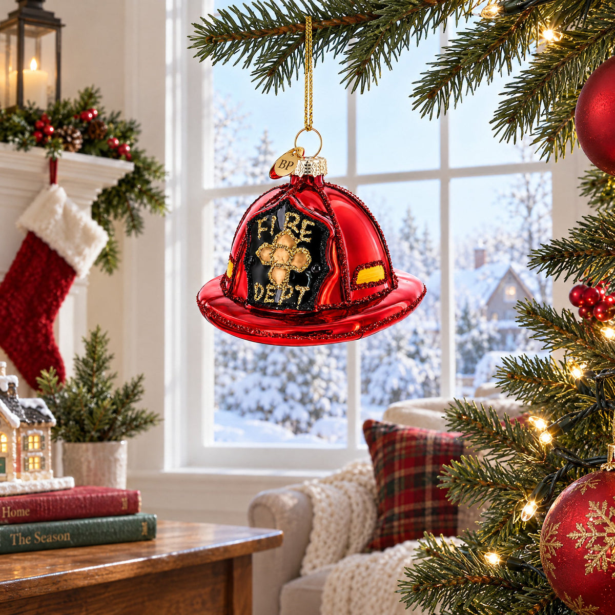 Firefighter’s Red Helmet Glass Christmas Ornament