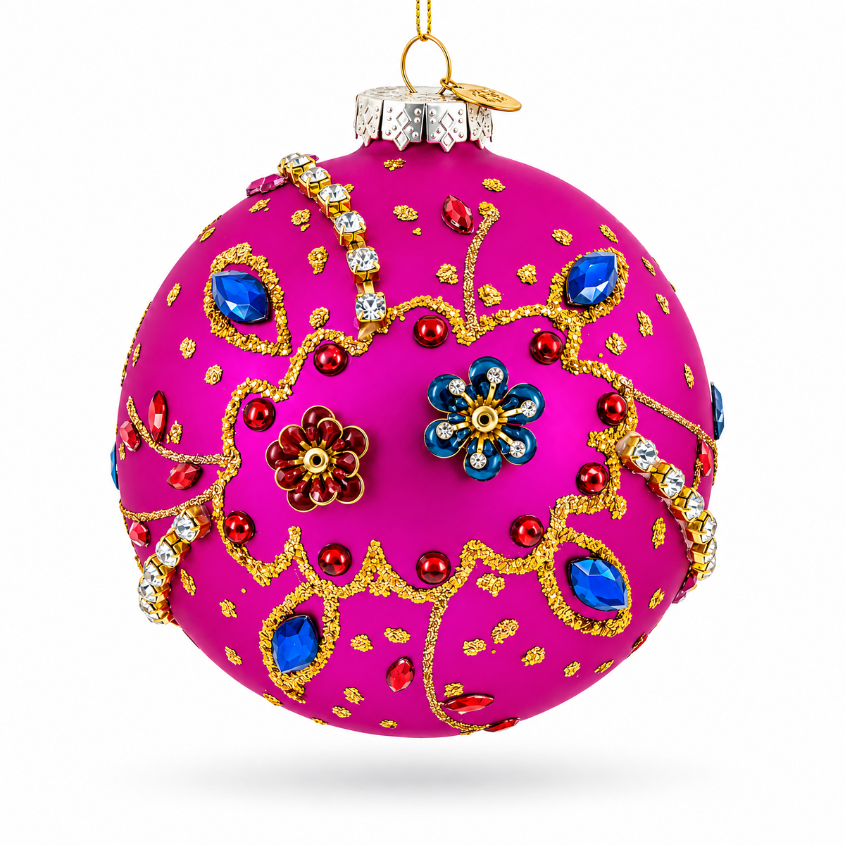 Bright Fuchsia with Glitter and Gems Glass Ball Christmas Ornament